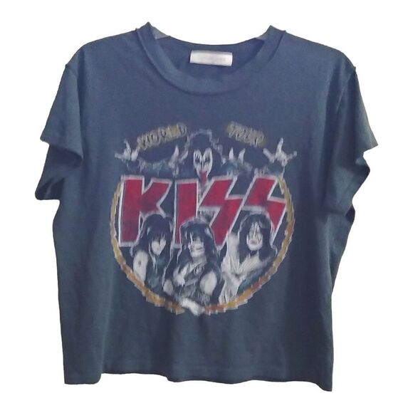 Daydreamer KISS Cropped Tee Shirt Sz L Short Sleeve Dark Gray No Size Tag - Picture 1 of 8